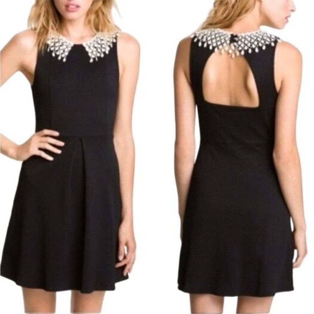 FREE PEOPLE | Ivory Crochet Collar Waffle Texture Black Dress Women’s Size S/M